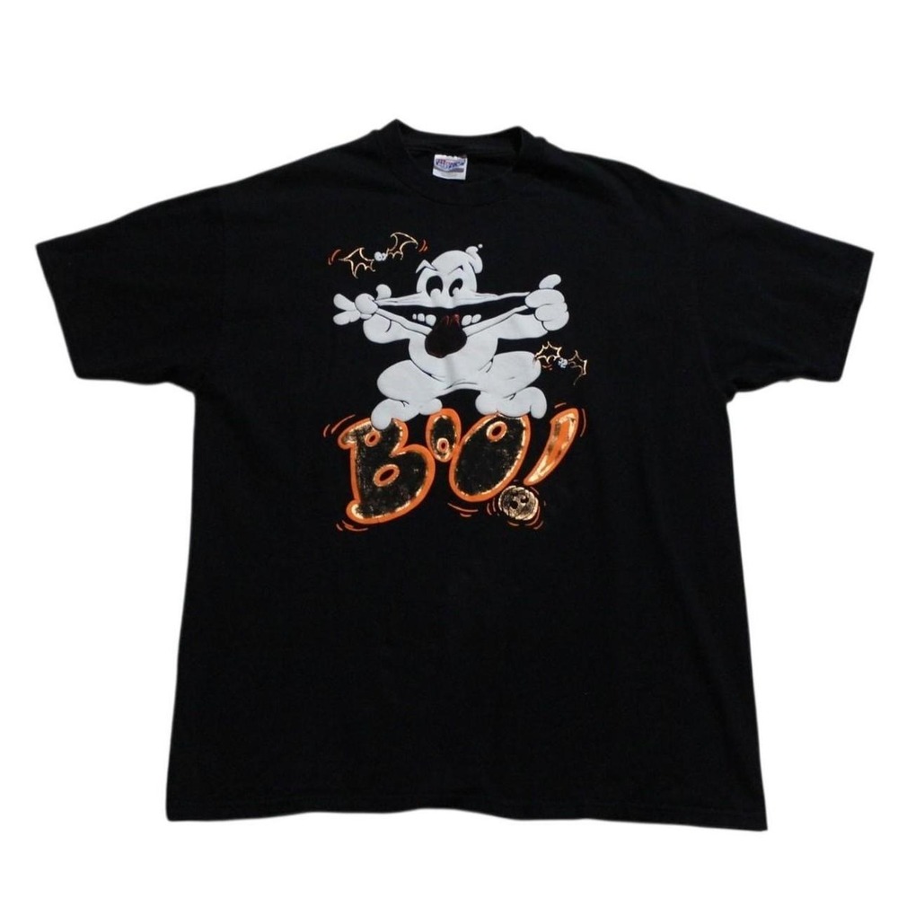 Mens Vintage 90s Skater Streetwear Halloween Puff Print Ghost Black T-shirt